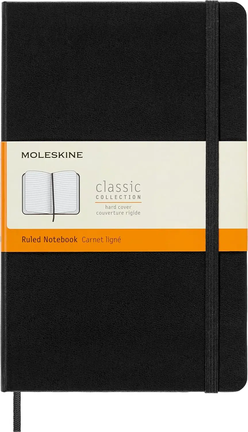 

Large Ruled Notebook, Hard Cover, 5x8.25 Inches, 192 Pages, Black, Classic Design with Elastic Closure and Bookmark
