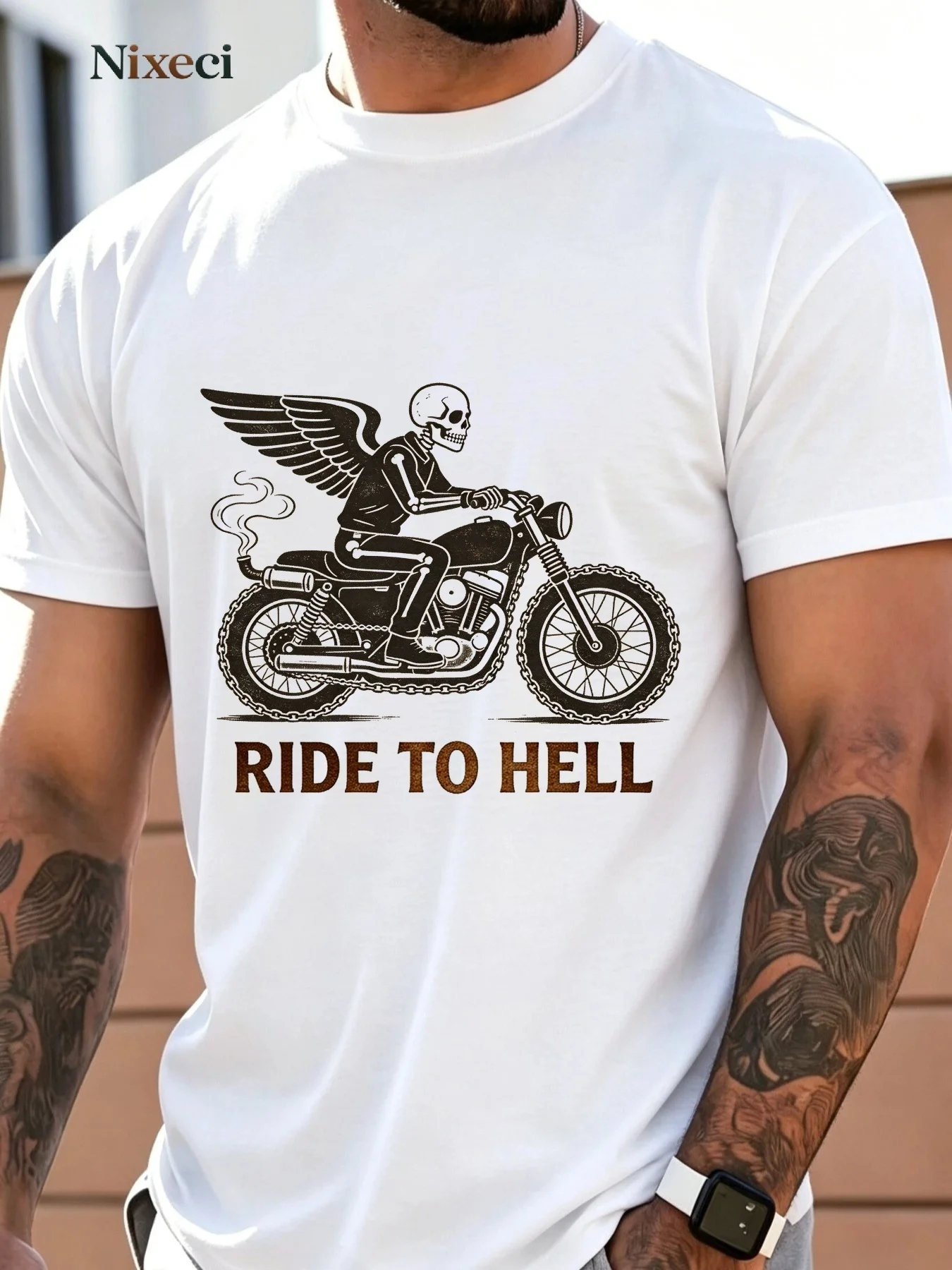 Nixeci Men'S Graphic T-Shirt, Skeleton Winged Motorcycle Ride to Hell Print, for Biker Enthusiasts, Multiple Colors Available, Breathable Comfort Fabric, Ideal Gift for Father'S Day
