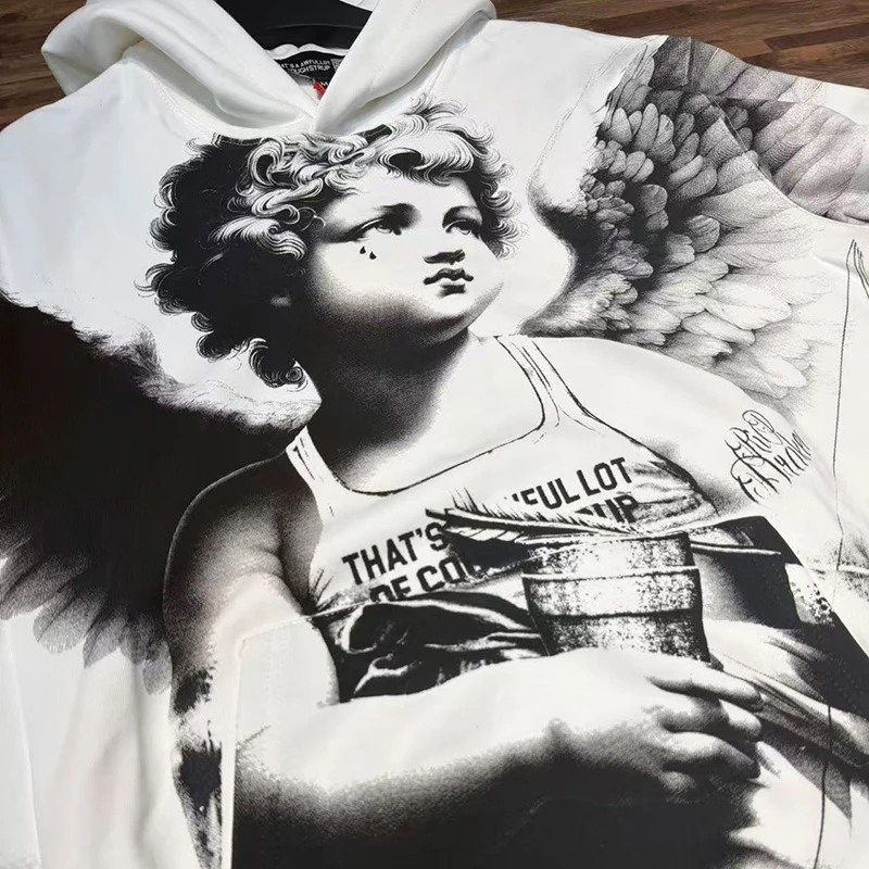 طباعة رقمية بنمط الملاك باللون الأبيض، مجموعة رائعة من سترة بغطاء للرأس من COUGH SYRUP للرجال والنساء للجنسين من القماش الثقيل بلوفرات قطنية