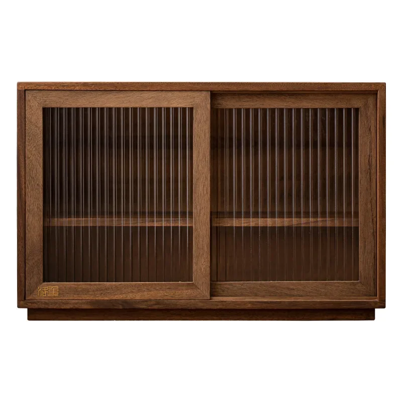 Walnut desktop storage cabinet creative sliding door sensor light dustproof tableware wine coffee water cup tea set rack