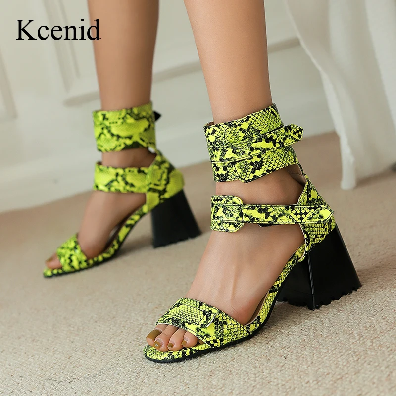 

Kcenid Sexy Gladiator Open Toe Summer Sandals Thick Heel Ankle Strap Buckle Snakeskin Sandals Women Dress Shoes Plus Size 35-48