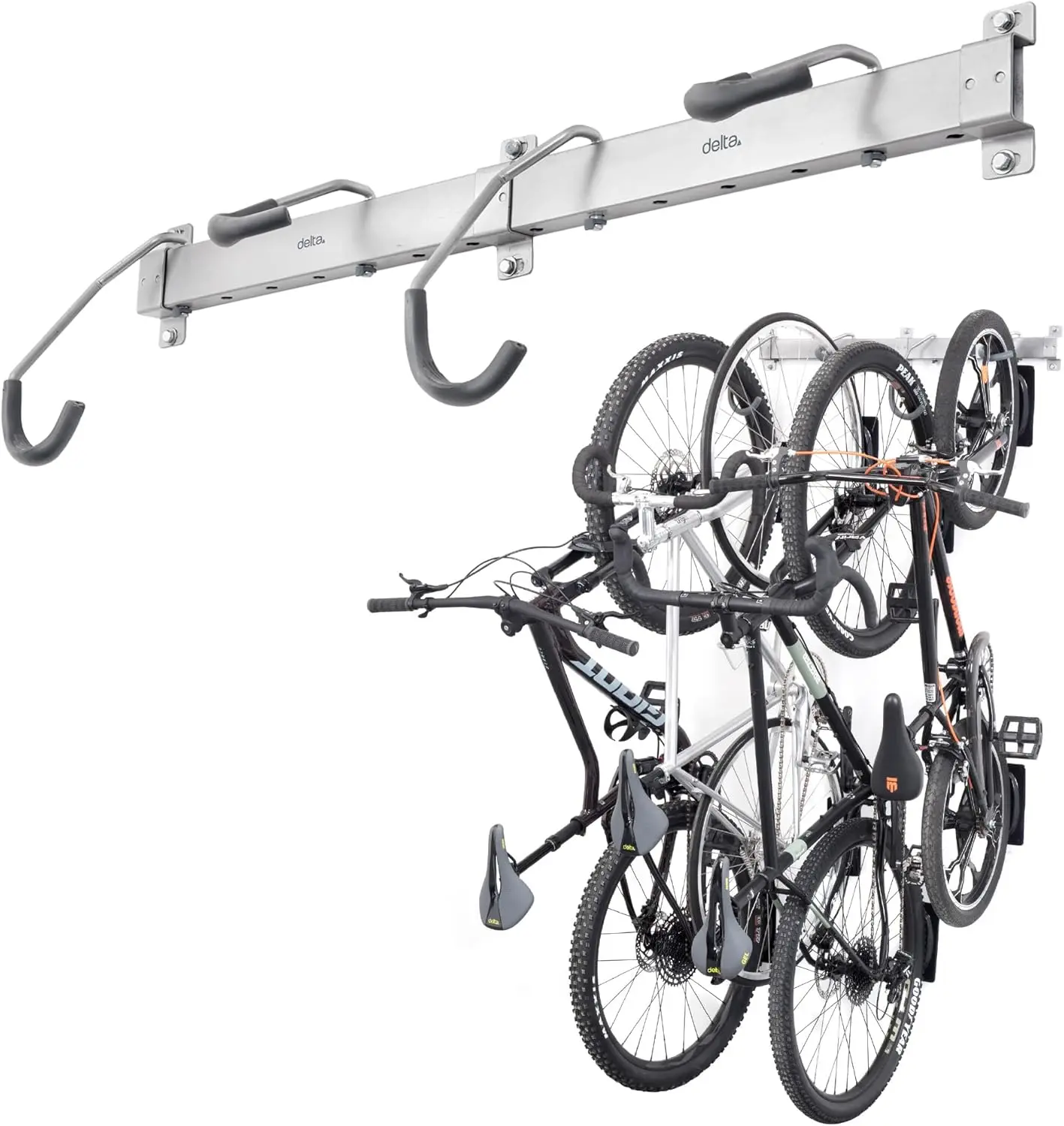 

Bike Hangers for Garage - Bike Storage Rack for MTB, Road & Ebike - Holds up to 300 lbs - Fully Adjustable Staggered Hook Design