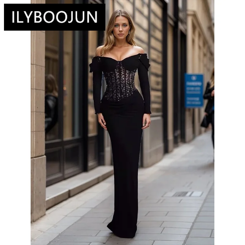 

ILYBOOJUN Solid Hollow Out Slimming Dress For Women Slash Neck Long Sleeve High Waist Temperament Dresses Female Fashion New