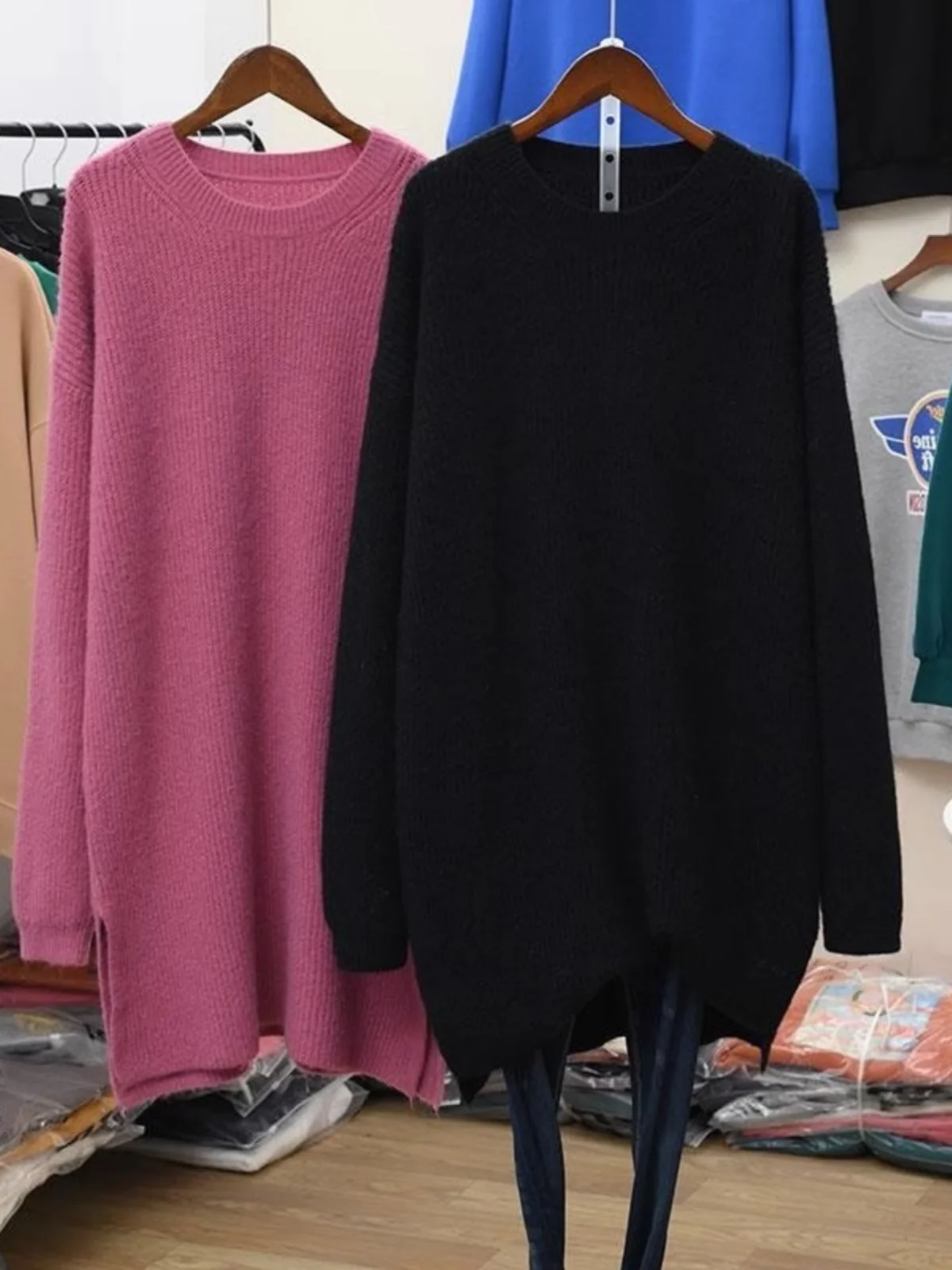 

Большие размеры, осень-зима, Thiened Long Sve, вязаный женский модный свитер базового слоя, свободная юбка средней длины