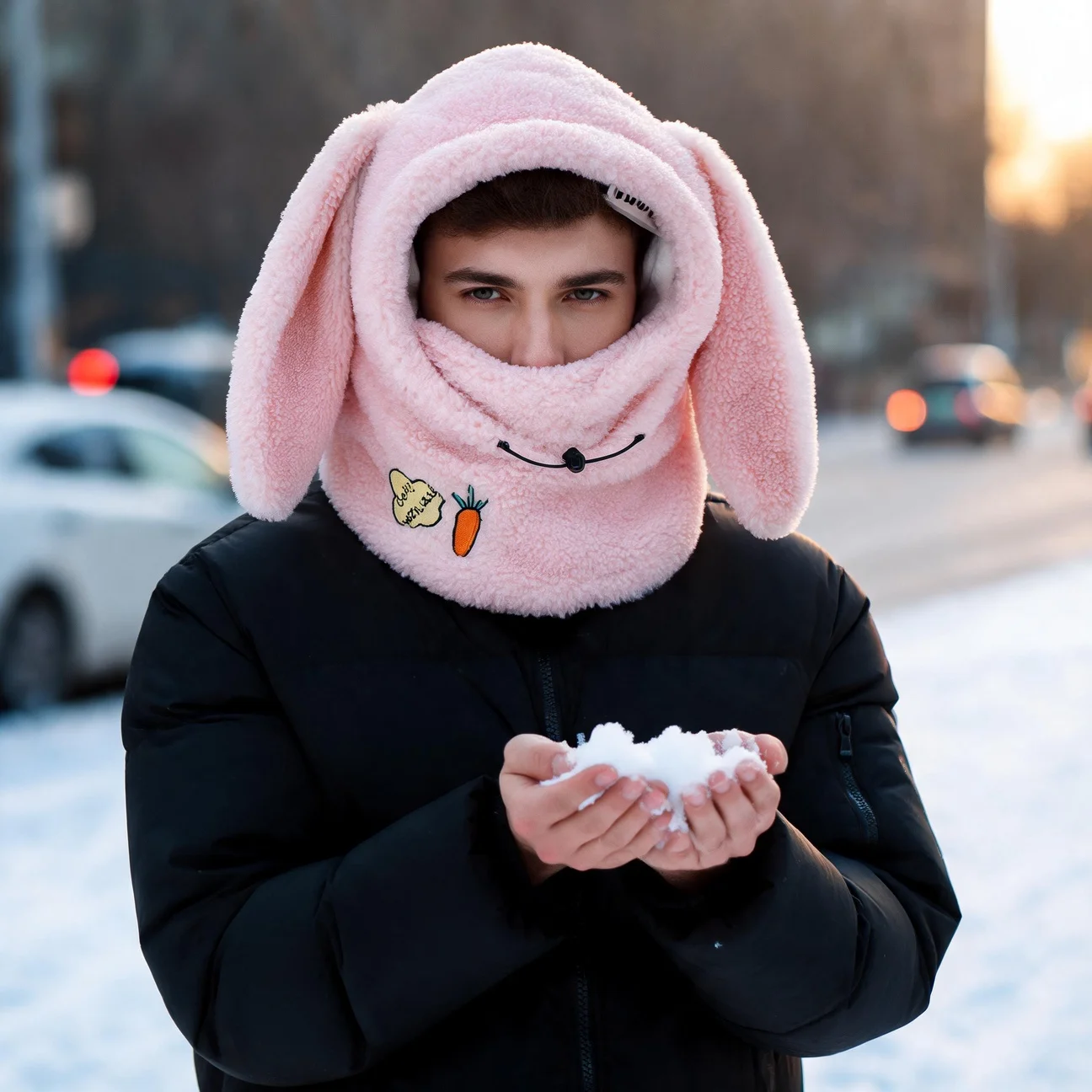 Cartoon Cute Bunny Ears Winter Wool Ski Hat Scarf Warm Ski Helmet Cover Comfortable Soft Decorative Helmet Cover for Women