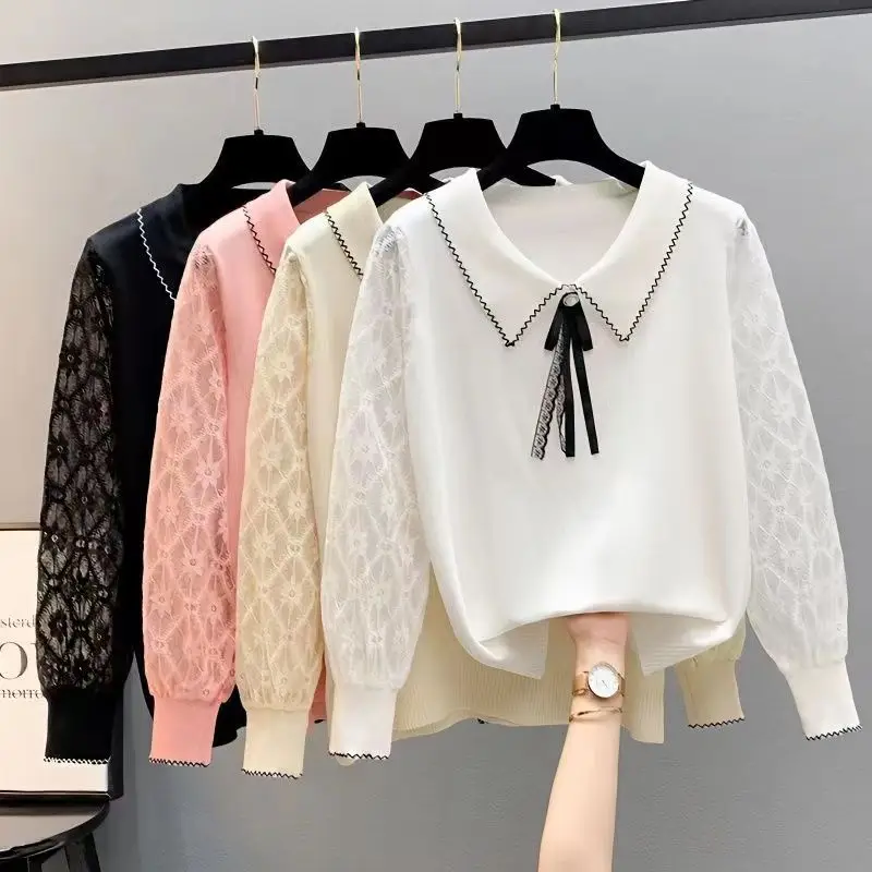 S-6XL Lace Bottoming Shirt for Women Spring Autumn New Air Conditioning Sun Protection Top Thin Long Sleeve Knitted Shirt