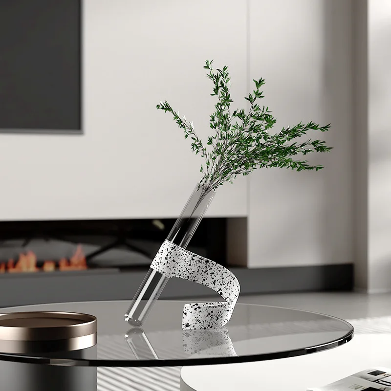 

1Pcs Modern Art Glass Tube Living Room Desktop Vase Leather Bracket Handmade Luxury Home Decor