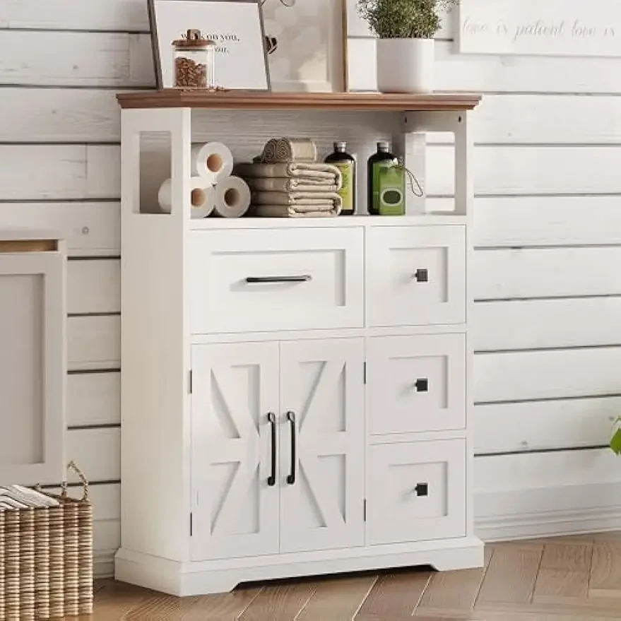 [New Arrival!Free Shipping!]Farmhouse Storage Cabinet, Bathroom Floor Cabinet with 4 Drawers & Shelves, 31.5