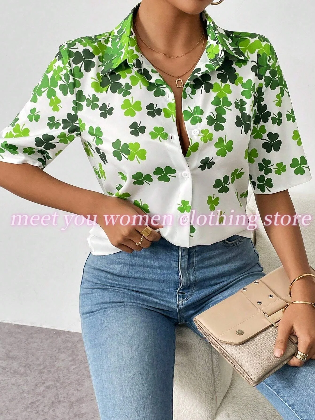 

Women Lucky Clover printShort Sleeved Shirts & Blouses Fashion Shirts 2025 Summer Leisure Short Sleeved Shirts Loose Lady Shirts