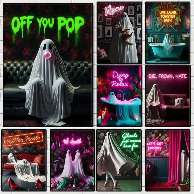 Gothic Style Ghost Terrifying Graffiti Poster Neon Sign Neon Sign Abstract Canvas Painting Wall Art for Living Room Home Deco