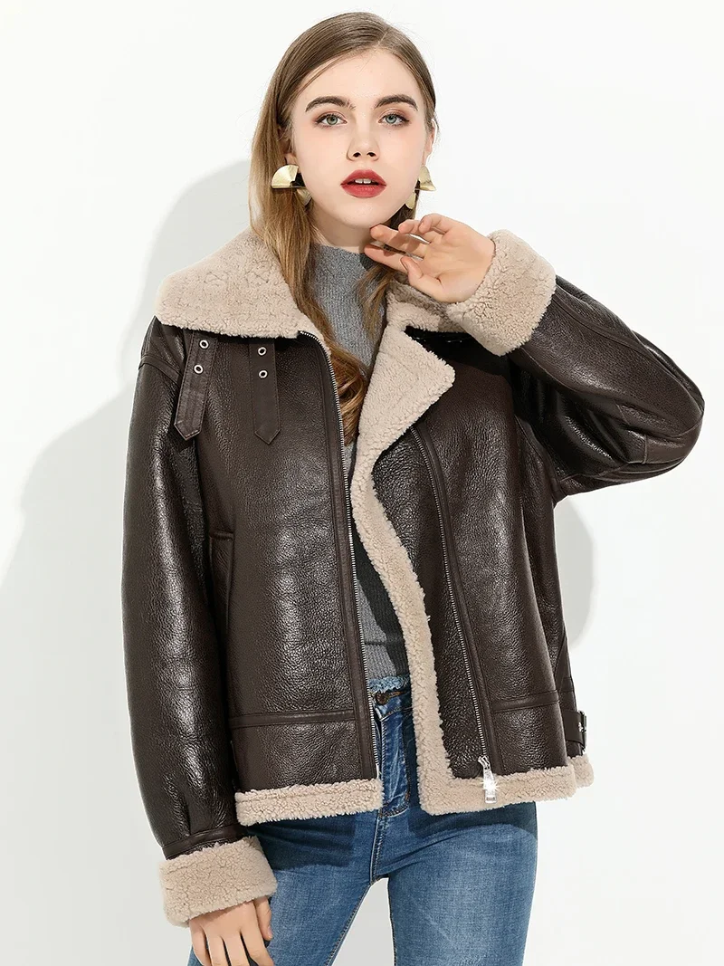 Natural Fur Coat Women Real Lamb Hair Motorcycle Jacket Fur Coats Womens Loose Genuine Leather Jacket Winter Fur Jakets Chaqueta