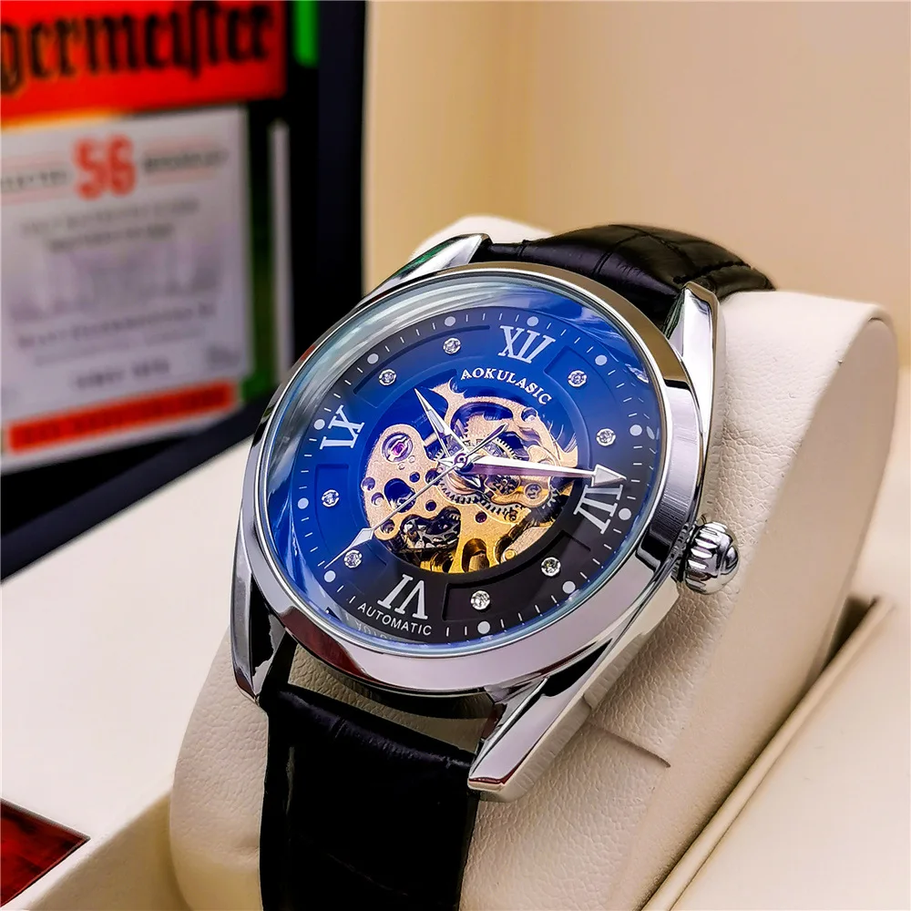 

AOKULASIC новые мужские автоматические механические часы скелетон двухсторонние роскошные деловые повседневные наручные часы для мужчин