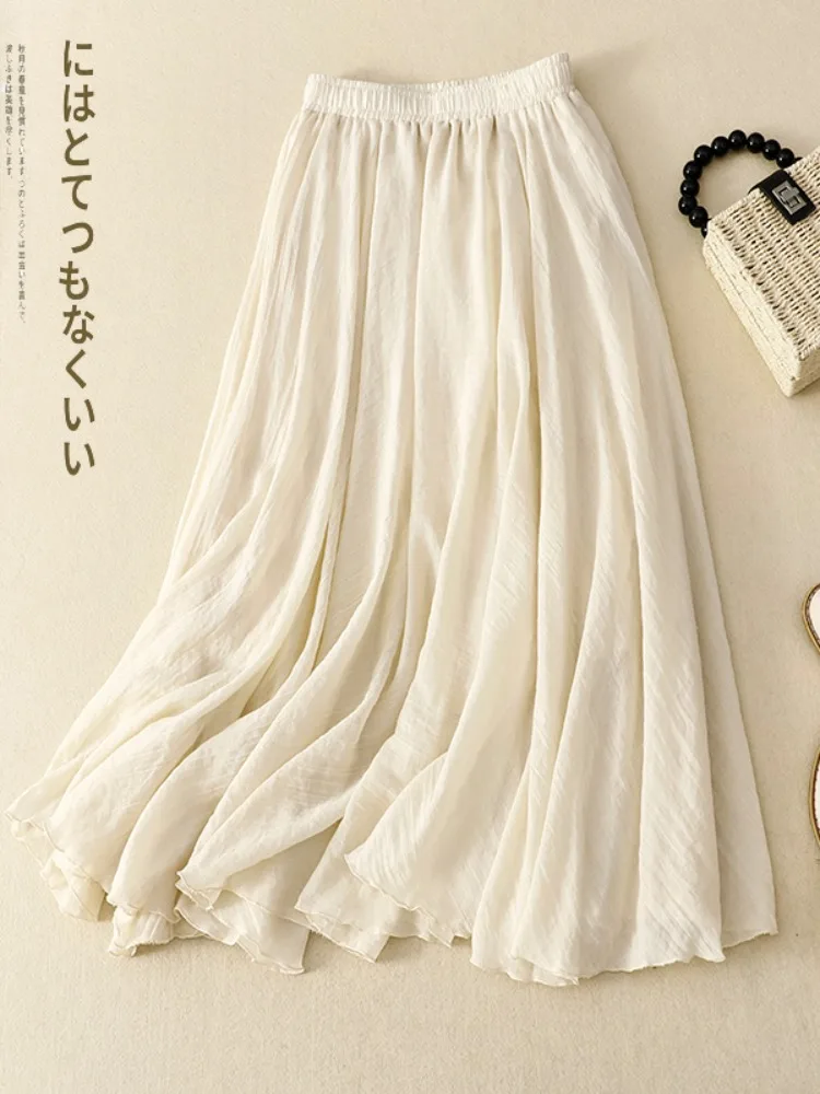 Casual Cotton Linen Pleated A-Line Skirt High Waist Midi Dress Summer Series Women's Fashionable Gown Fairy Skirt