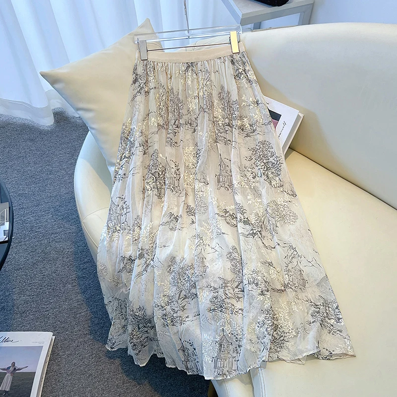 New Chinese Style National Trend Silk Half Skirt Women Summer Retro Embroidery Midi Skirt Elastic Waist A-Line Pleated Skirt
