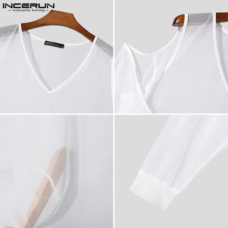 INCERUN Tops 2024 Korean Style New Men\'s Personality Hollow V-neck T-shirts Fashion Sexy Perspective Long Sleeved Camiseta S-5XL