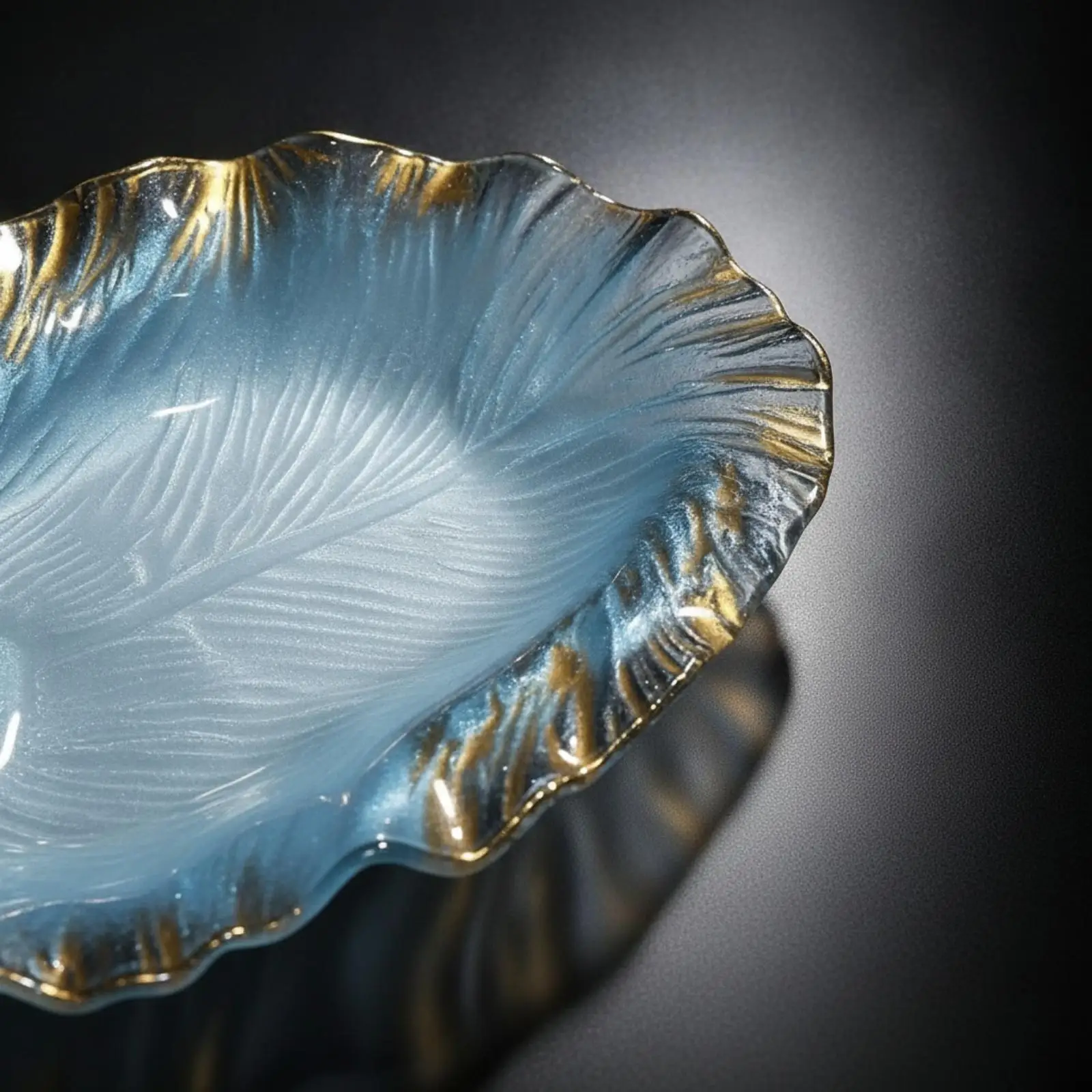 Assiette de service en verre sophistiquée pour fruits de mer et sashimi avec surface texturée qui capte la lumière