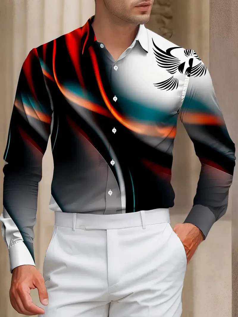 New Men's Western Print Long Sleeve Lapel Shirt Casual Social Men's Long Sleeve 3D Printed Clothing