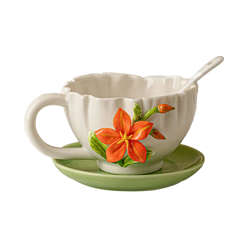 

European Ceramic Flower Coffee Cup and Saucer Three-dimensional Embossed Flower Breakfast Mug Exquisite Afternoon Tea Coffee Cup