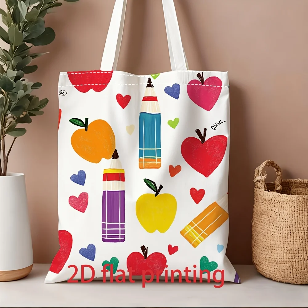 Niedliche und farbenfrohe Umhängetasche mit Apfel- und Herz-Schreibwaren-Designs, leichte, faltbare Tragetasche, wiederverwendbare Einkaufstasche