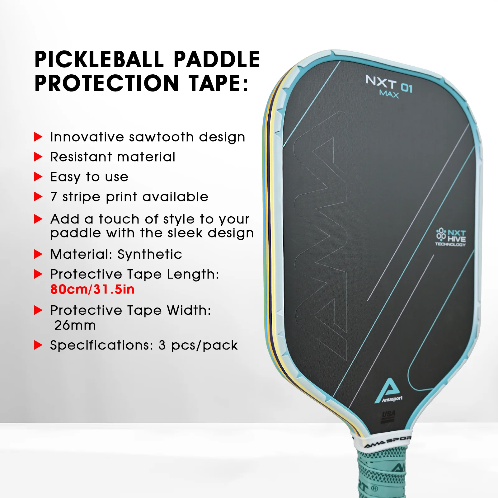 AMA SPORT Stripes Pickleball Paddle Edge Guard Tape منحني تمامًا مناسب لحماية جميع حواف السماكة ملحقات Padel