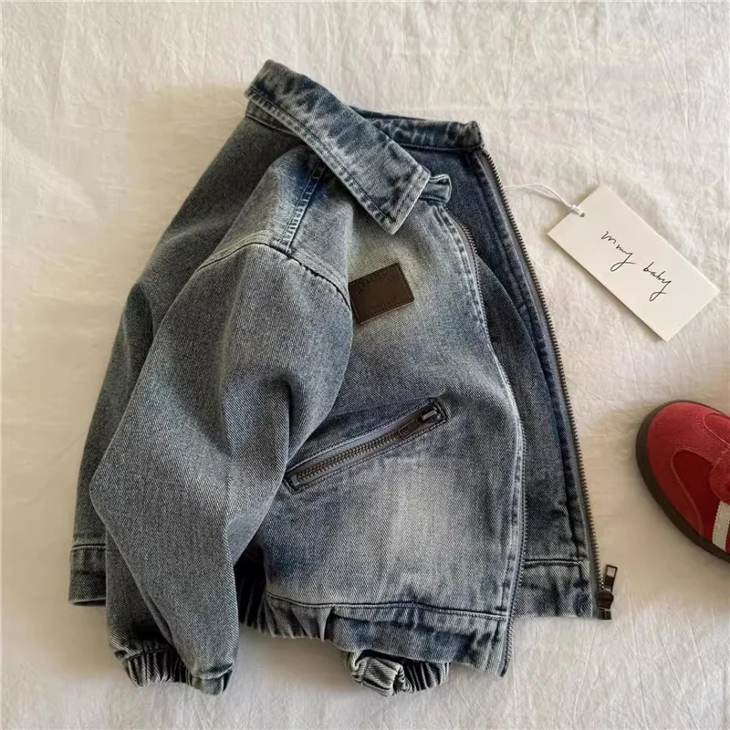 

Children Denim Jackets Autumn Fashion Boys Turn Down Collar Zipper Loose Coats Spring Kids Retro Short Outerwear 2-8 Years old