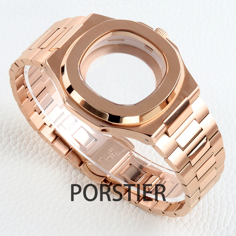 

Rose Gold PVD 40mm NH35 Case Square Sapphire Glass for Nautilus Watch Case for NH35 NH36 NH38 movement 30.5mm dial Waterproof