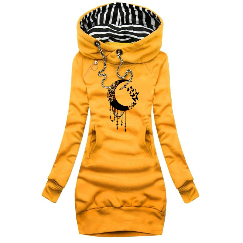 New Women's Hooded Long Sleeved Dresses Brand Print Long Sleeve Hoodie Casual Skirt Hooded Pullover Pocket Sweater Dress