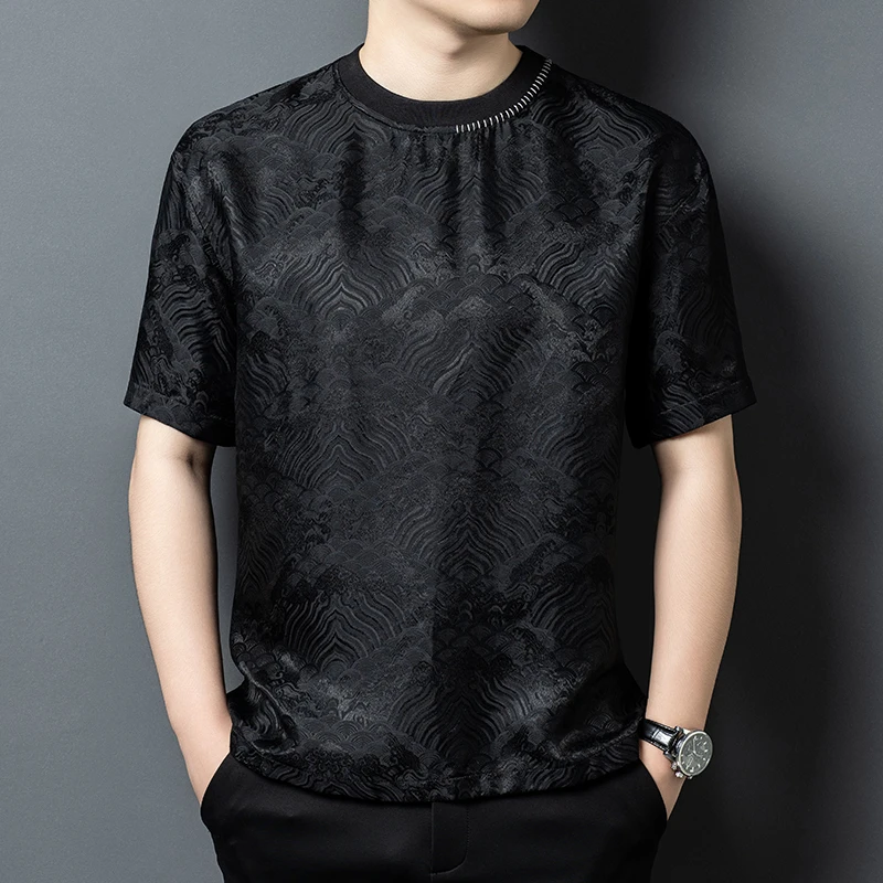 Silk Blend Exquisite T Shirt For Men Short Sleeve Chinese Style Summer High-Quality Smooth Comfortable Satin Camisetas De Hombre