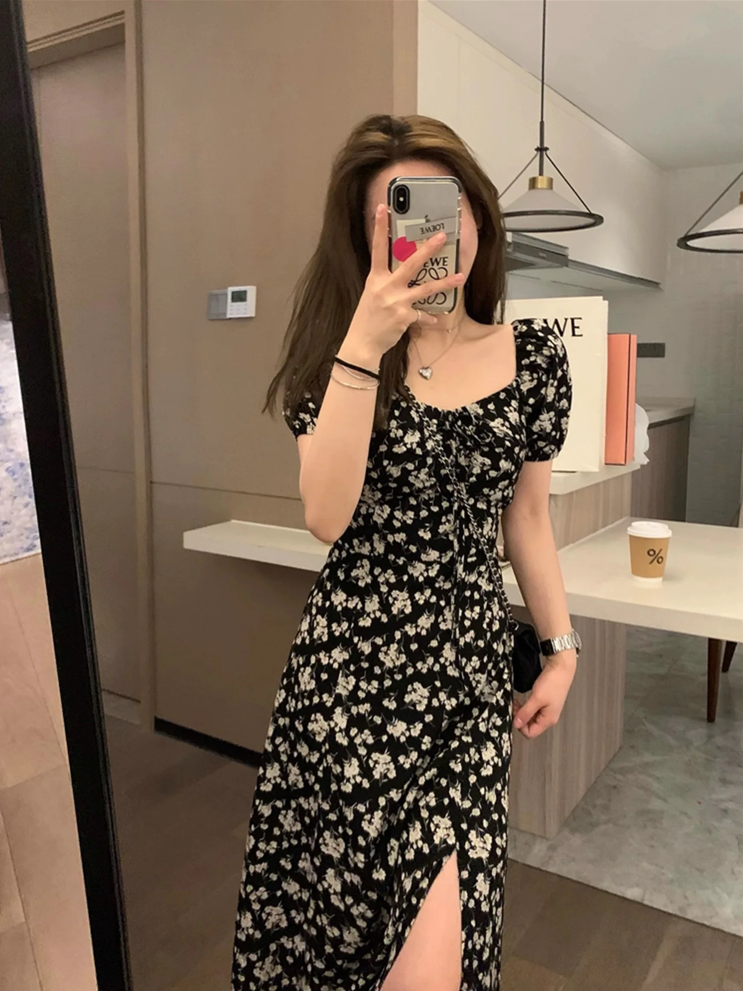 Women Elegant Floral Printed Long Dresses Casual Strapless Puff Short Sleeve A Line Dresses Ladies Side Split Dresses Summer