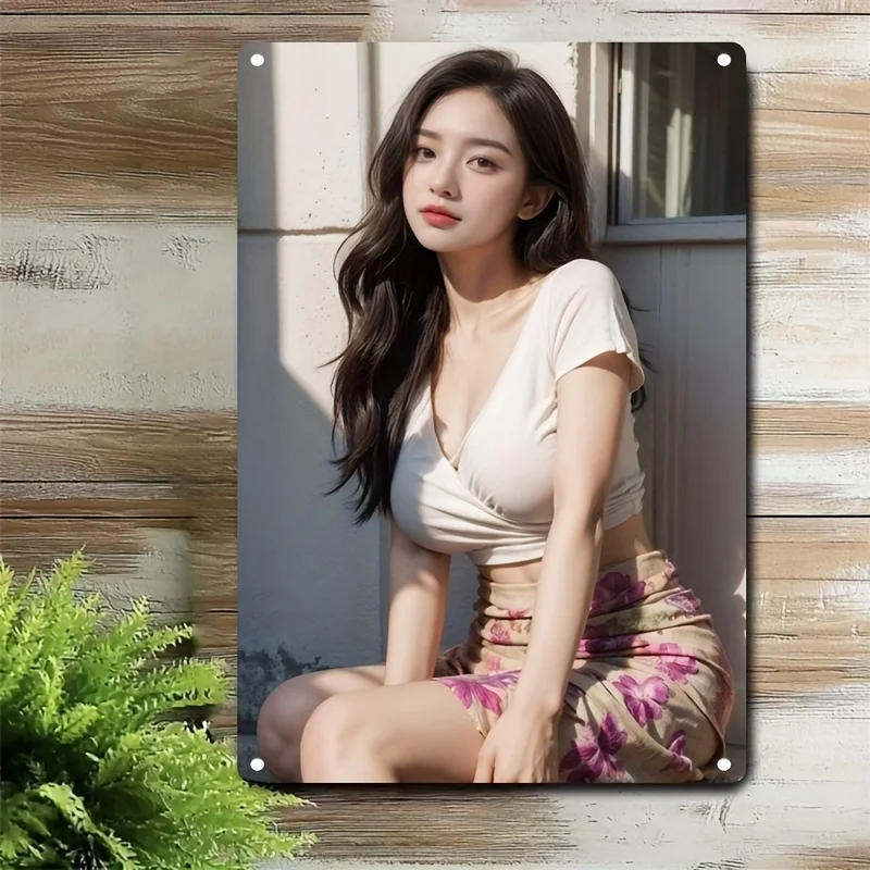（2D Tin painting）HD Metal Tin Sign Elegant Asian Lady in White Crop Top and Floral Skirt Posing Outdoors Vintage Wall Art Dec