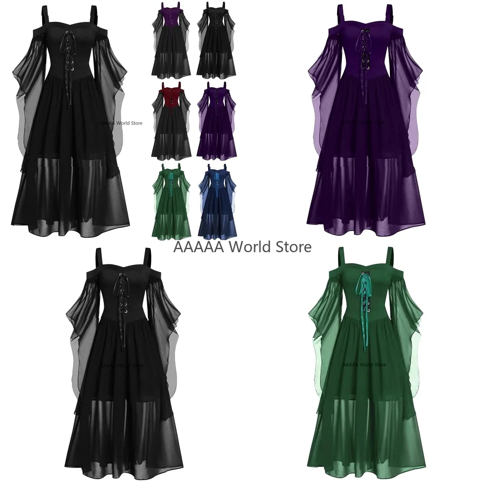 Halloween Cosplay Medieval Witch Dress Women Gothic Off Shoulder Butterfly Sleeve Carnival Costume Large Size