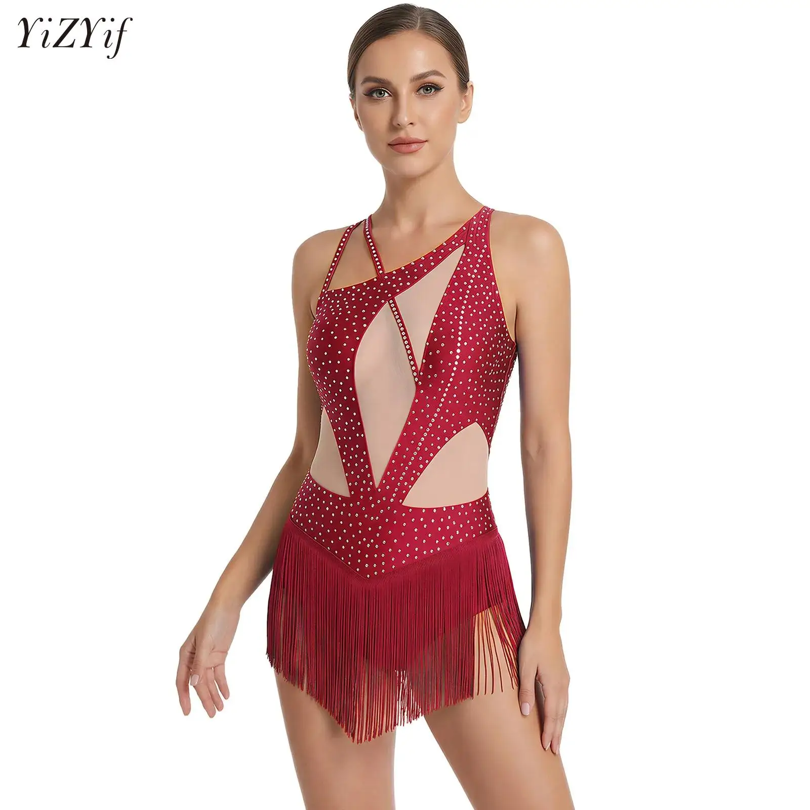 

Womens Tassel Latin Dance Leotard Dress Rhinestone Fringed Bodysuit for Tango Cha-Cha Salsa Figure Skating Performance Jumpsuit