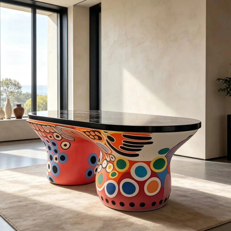 Polka dot side table, glossy marble table top, hand-painted curved base, art style living room table