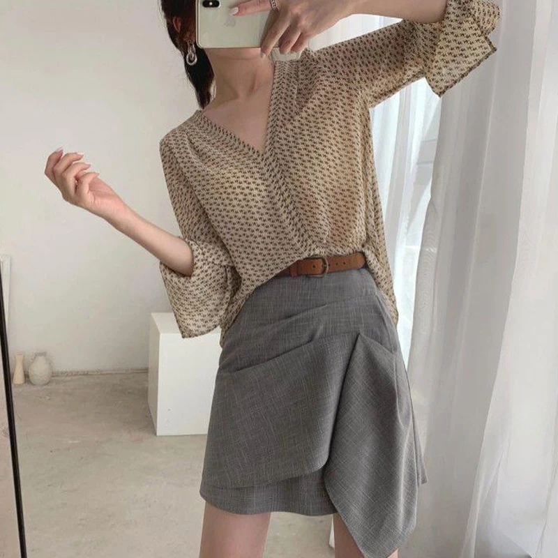 MEXZT Vintage Blouses Women Elegant V Neck Print Long Sleeve Loose Shirts Office Lady Casual Chiffon Chic Sun Protection Tops