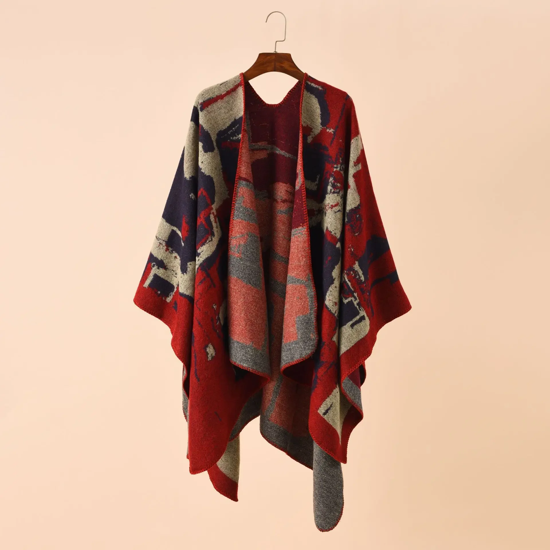 2026 Autumn Winter Irregular Geometric Lattice Pattern Imitation Cashmere Shawl Air Conditioning Room Cloak Poncho Capes Red