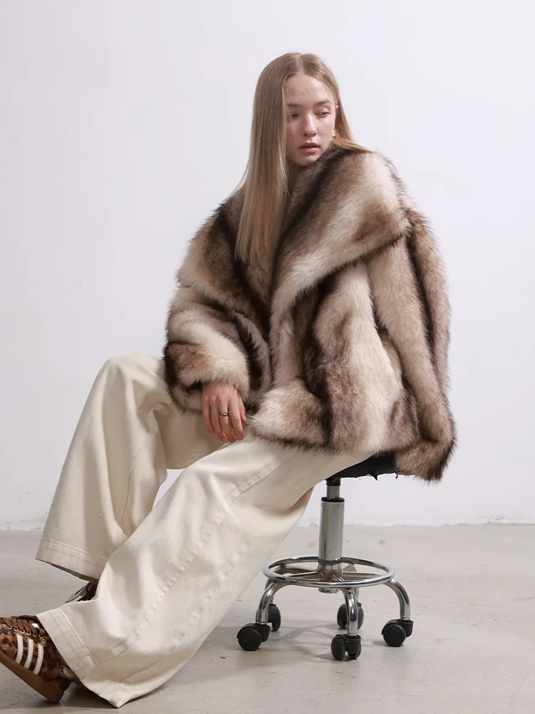 Otoño Invierno nuevo abrigo de piel de viento de Granero Sle joven suelto cuello azul marino mujer Faion cálido Thiened poliéster largo S...