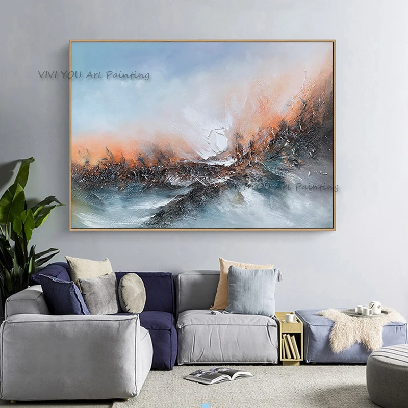 Handpainted Sunset Sea Abstract Textured Impasto Oil Painting on Canvas Horizontal Wall Art For Living Room Decor