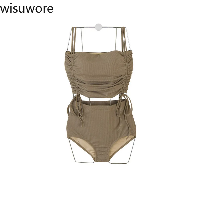 Wisuwore High Waist Split Women Swimsuit Drawstring Corset Triangle Panties Sexy Bikini Set Ladies Swimwear Hot Spring Vacation