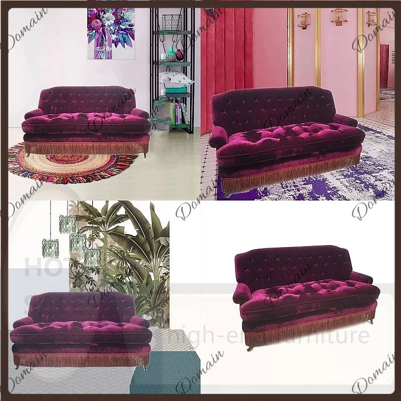 VP Velvet Sofa 2-Seater Purple Red Wine Color French Retro Designer Loveseat for Living Room