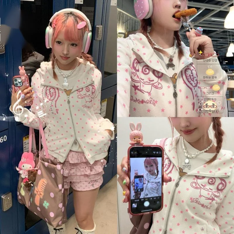 

Star Music Print Hoodie Ins Women’s Y2K Aesthetic Zip-Up Cardigan Demon Light Goth Style Loose Fall Winter Sweatshirt Jacket New