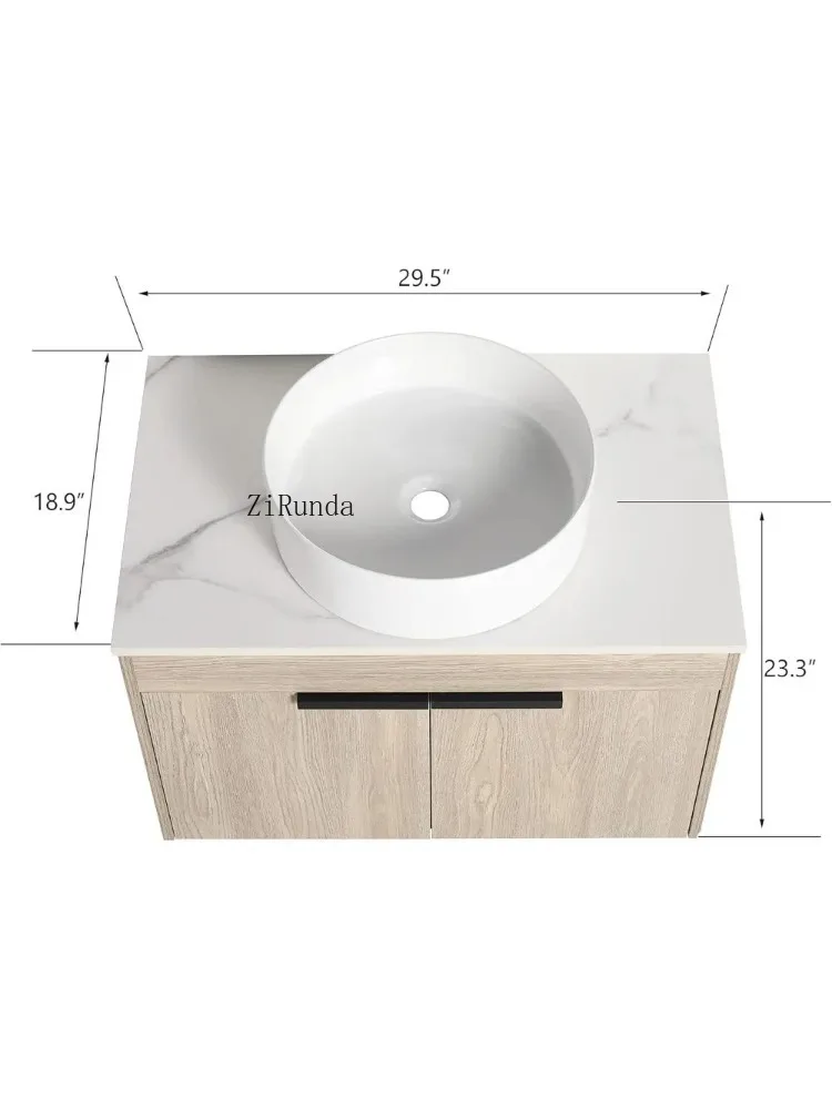 30" floating bathroom vanity with washbasin, with marble top and ceramic round washbasin, bathroom vanity