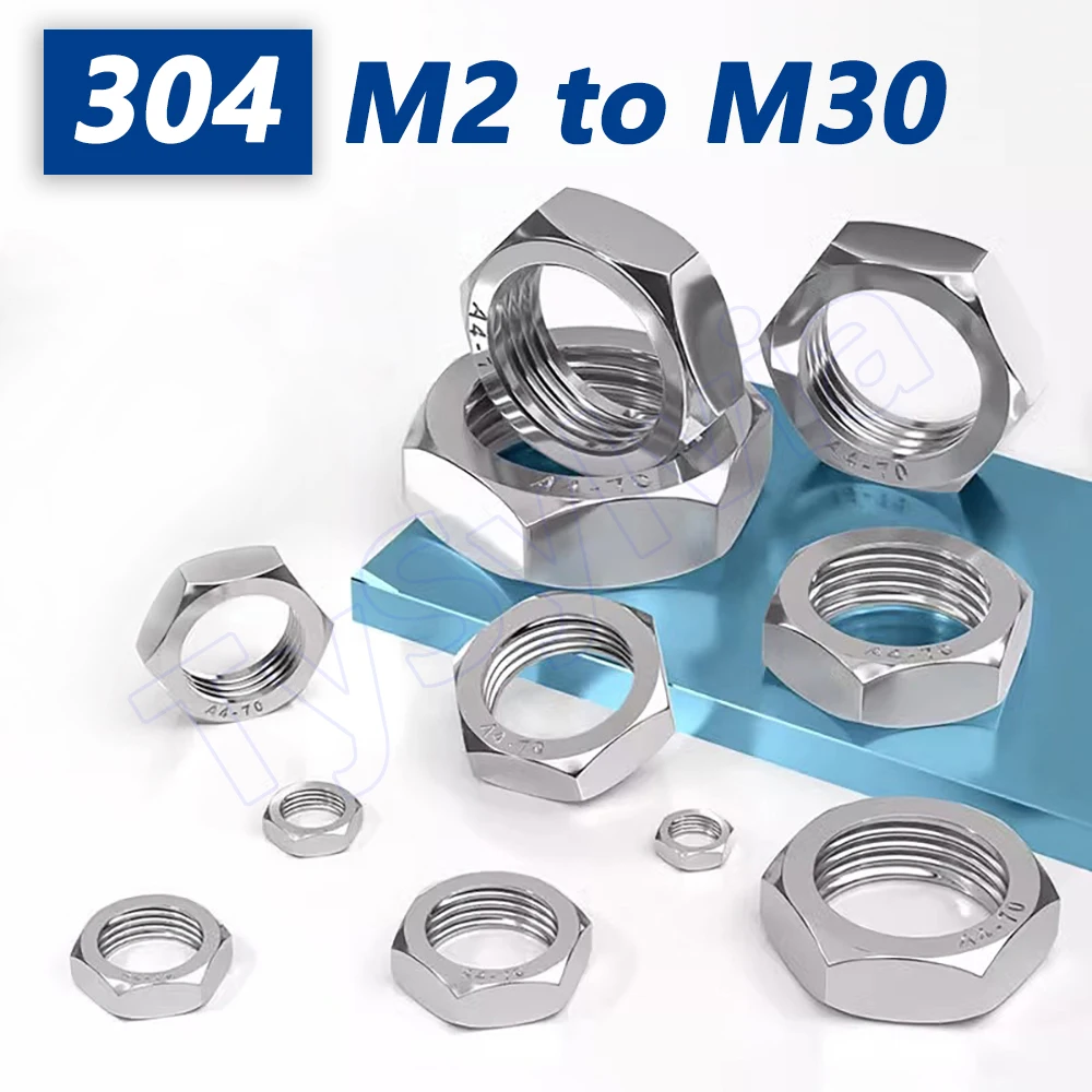 M2 M2.5 M3 M4 M5 M6 M8 M10 M12 M14 M16 M18 to M30, 304 Steel Thin Profile Hexagon Nuts,Low Profile Fasteners for Narrow Spaces