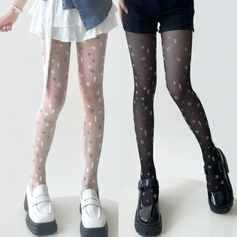 Women Design Stars Print Pantyhose Romantic White Blue Five Pointed Star Jacquard Stockings Dopamine Sweet Cool Girl Sexy Tights