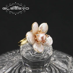 GLSEEVO Natuurlijke Zoetwaterparels Bloemen Ring Voor Vrouw 2022 Nieuw Design Mode Luxe Designer Sieraden Valentijnsdag Geschenken