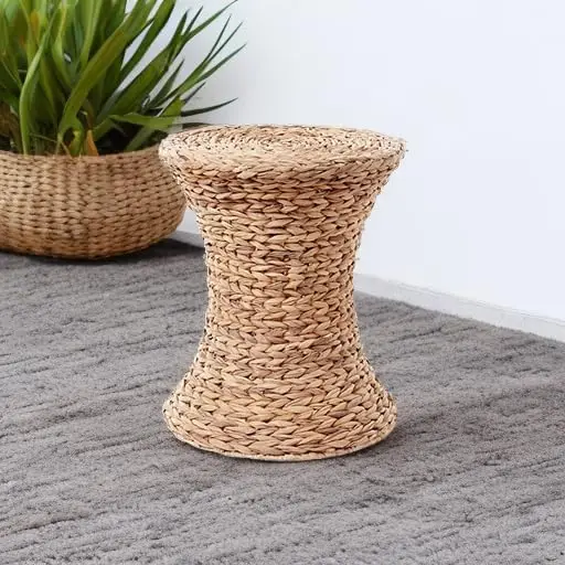 Handwoven Water Hyacinth Wicker Stool, Hourglass Shape with White Wash Finish for Home Decor