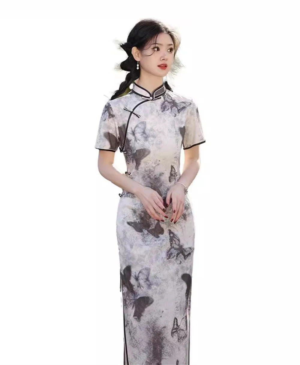 

New Chinese Style Improved Cheongsam 2024 Spring Summer Retro Elegant Young Girl Printed Qipao Dress Short Sleeve Split Vestidos