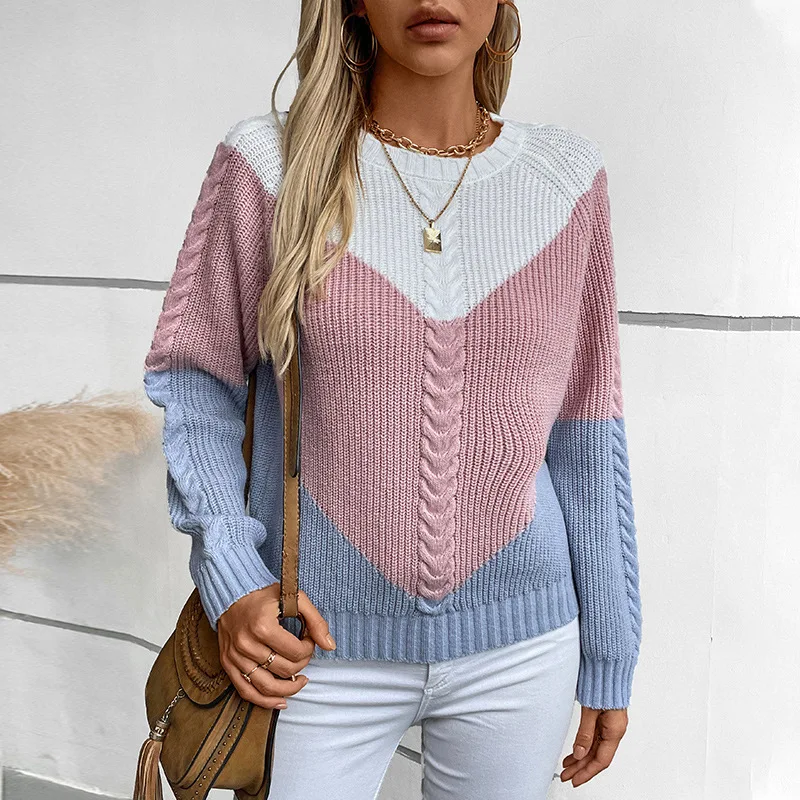 

Color Blocking Twisted Flower Women's Round Neck Sweater Autumn Winter New Retro Loose Pullover Knitted Sweater Top Camisolas