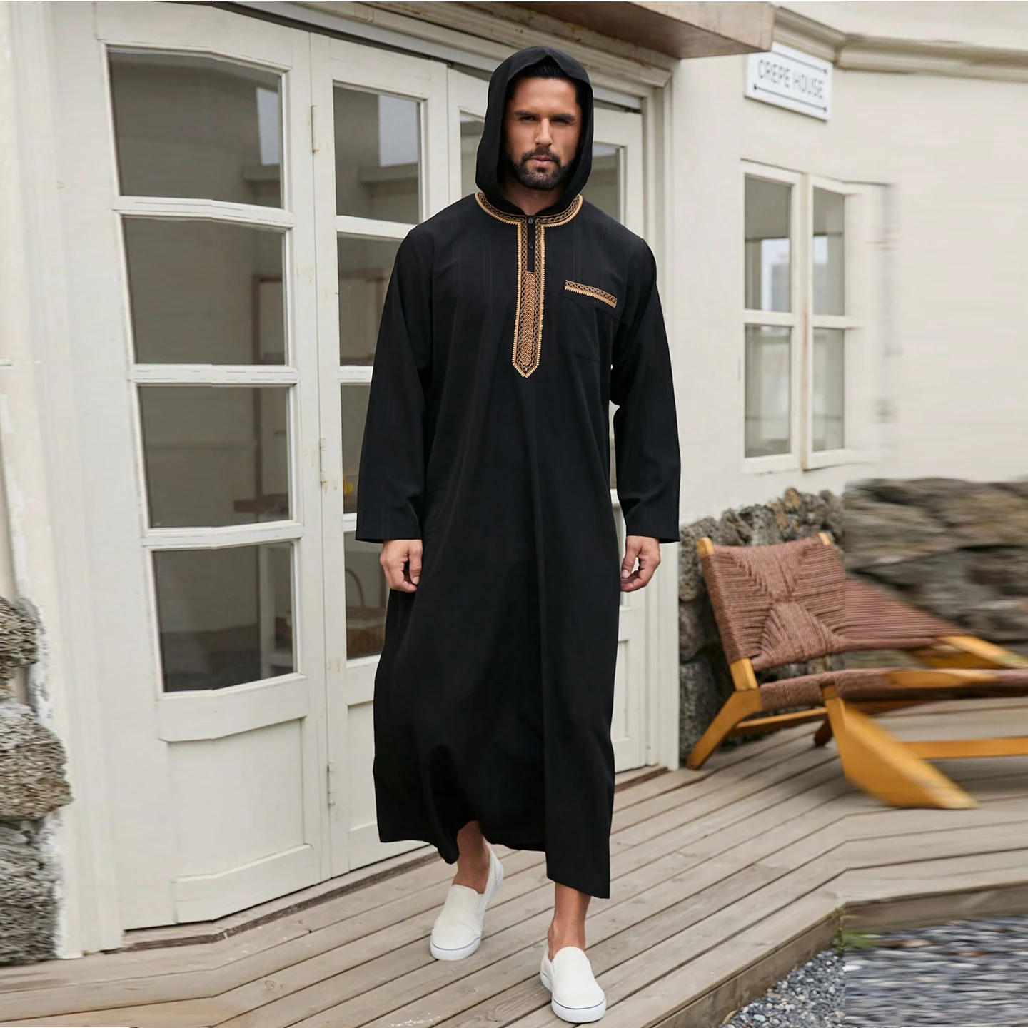Moroccan men's thobe long sleeve embroidered hooded Muslim men's abaya Islamic loose Jelleba Saudi Arabian traditional clothing