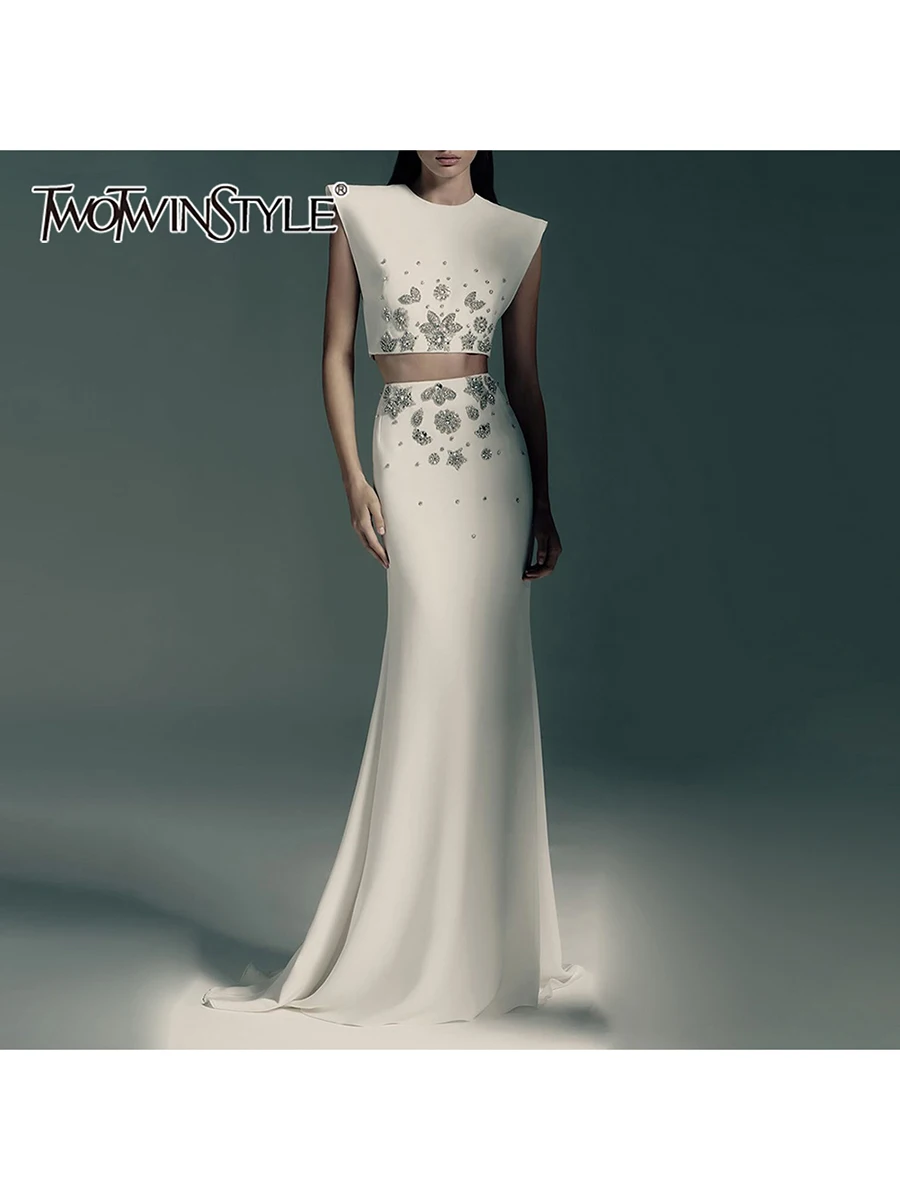 TWOTWINSTYL – ensemble deux pièces amincissant pour femmes, diamants épissés, col rond, gilet sans manches, taille haute, jupe longue, ensemble élégant