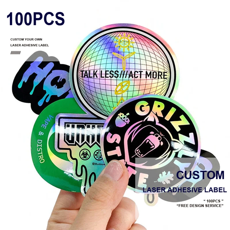 100PCS Custom Stickers Laser Waterproof Sticker Labels Design Brand Notebook Cute Personalized Glossy Film for Business Use